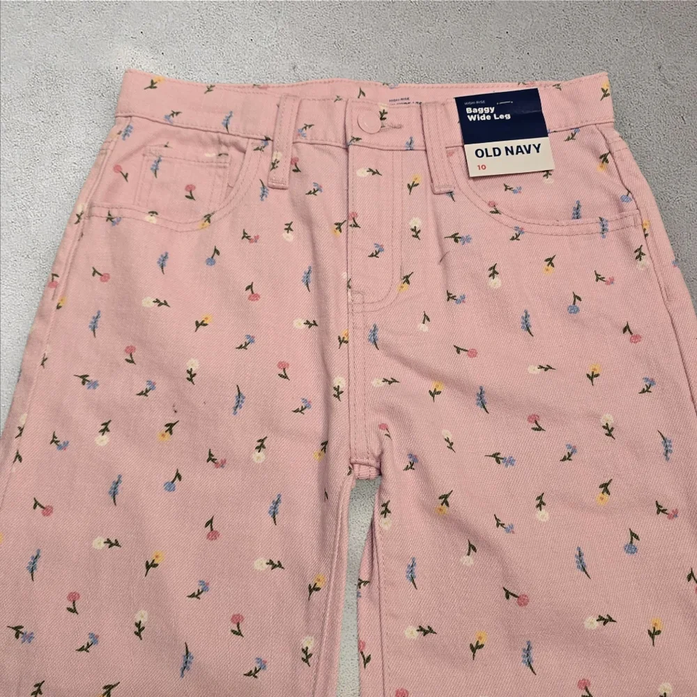 Old Navy‎ Pastel Pink Floral High-Waisted Baggy Wide-Leg Jeans Girls Size 10
